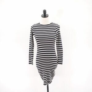French Connection Cotton White‎ Black Striped Crew Neck Dress Size 2 Long Sleeve